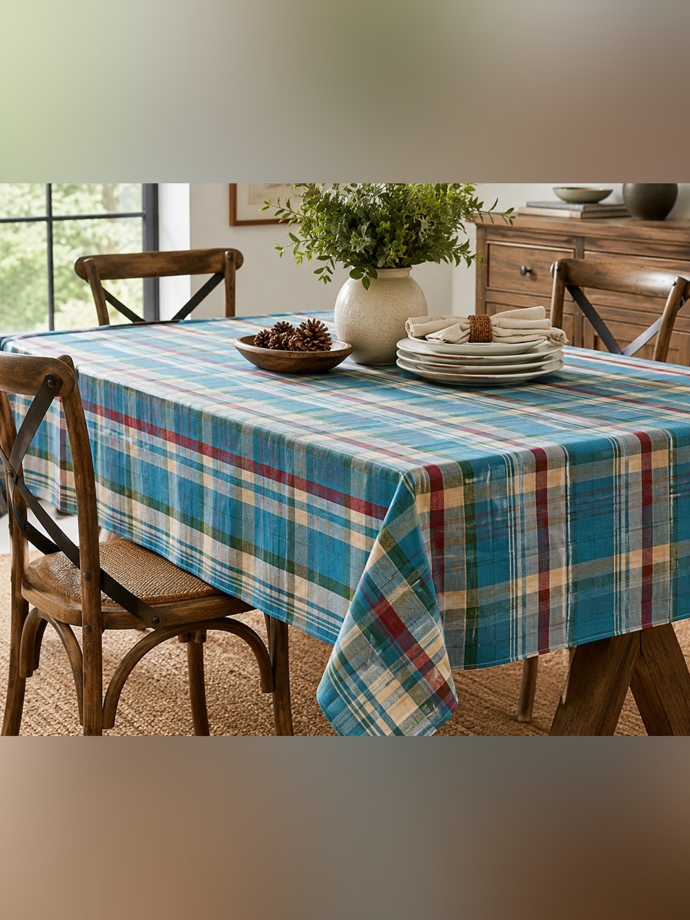 Lauren Ralph Lauren Plaid Cotton Tablecloth 60x84 Oblong Blue Green Red NWT